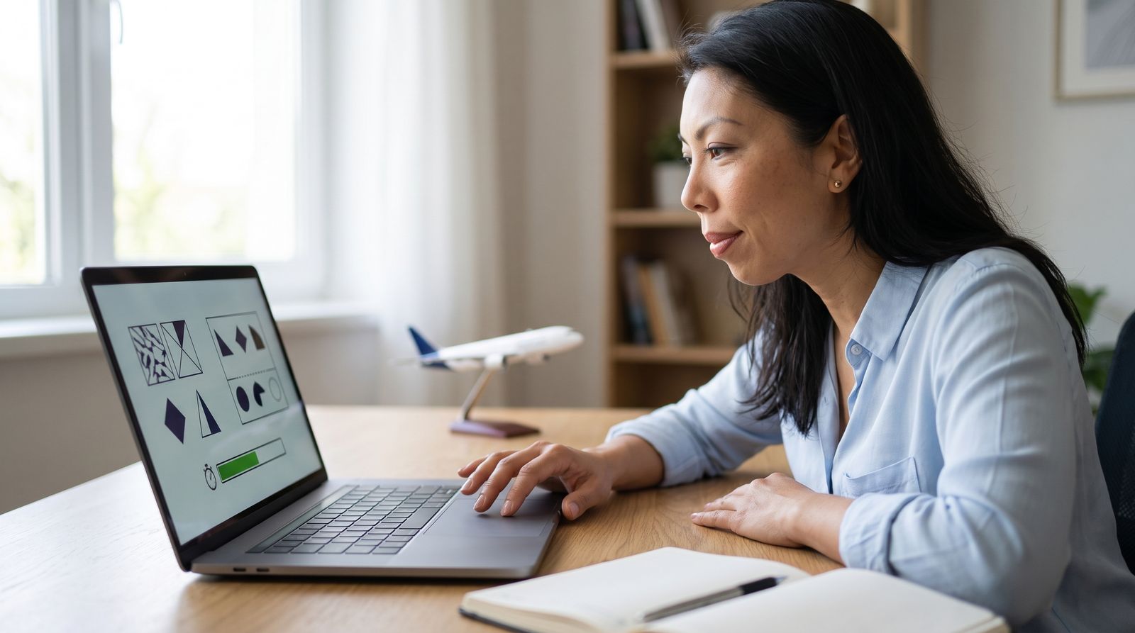 Frau am Schreibtisch bearbeitet am Laptop eine Aufgabe mit geometrischen Figuren, daneben eine laufende Zeitanzeige